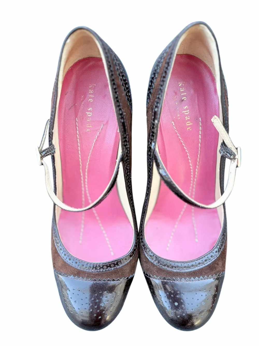 Kate Spade Brown Suede / Patent Leather Mary Jane Heels with Pink Insole